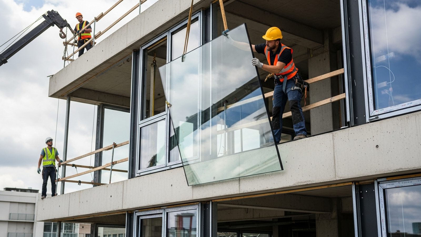 Instalador colocando un cristal grande en ventana